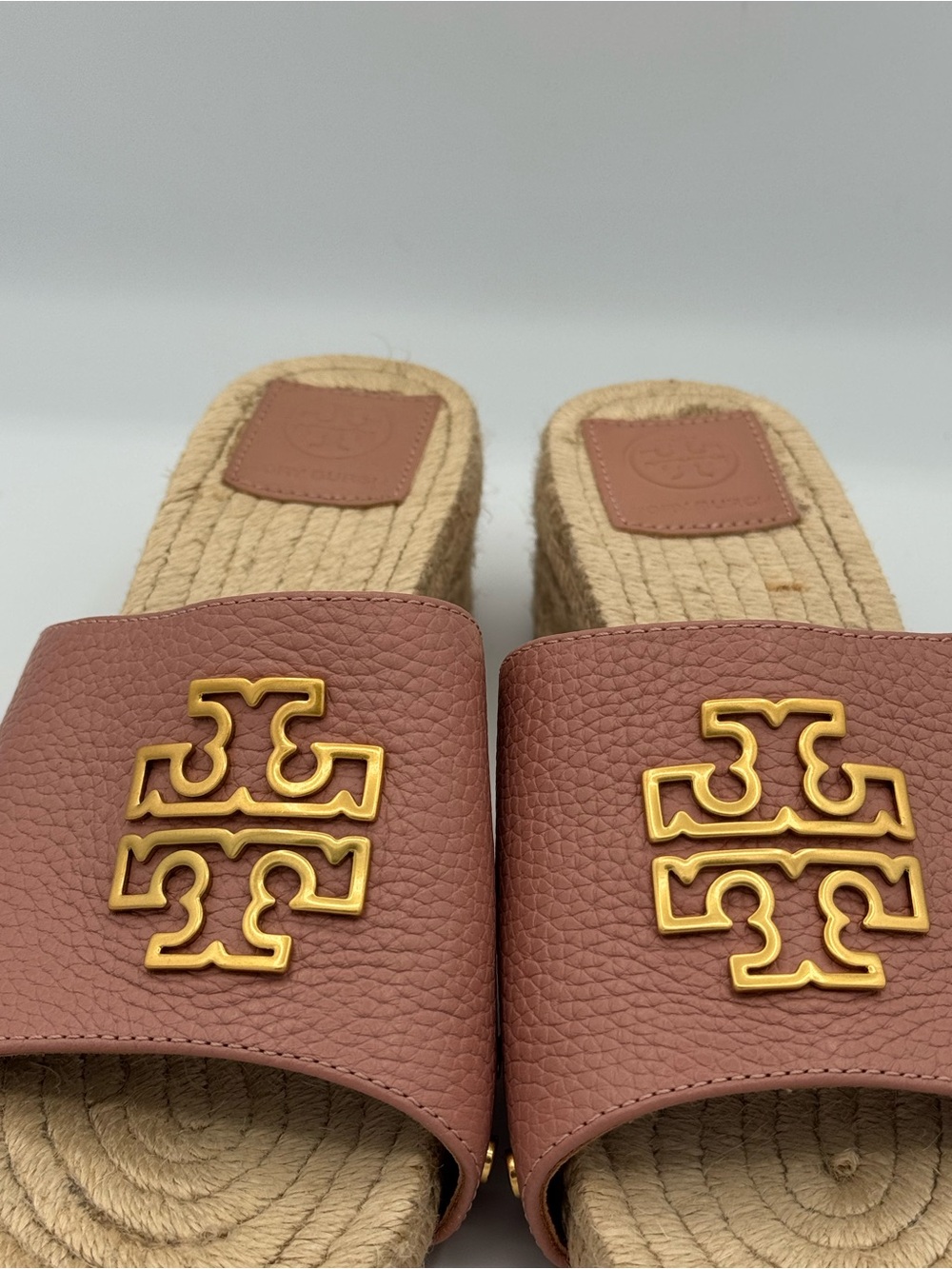 Tory Burch Britten Espadrille Leather Slide Sandals Mules Pink Moon Gold Logo - Picture 7 of 13